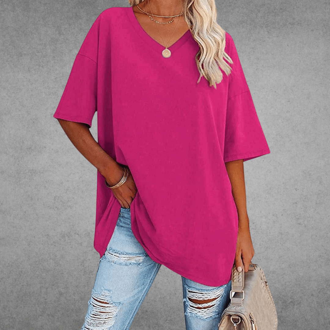 Women's oversized solid V-neck longline T-shirt with dropped shoulders and short sleeves