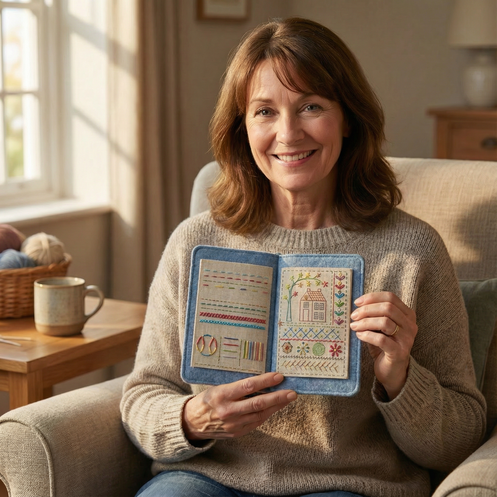Open embroidery stitch sampler book kit with colourful threads and needles