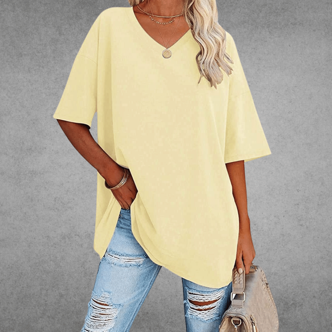 Women's oversized solid V-neck longline T-shirt with dropped shoulders and short sleeves