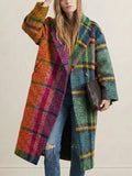 Women's multicolor plaid longline coat with notched lapel and button front
