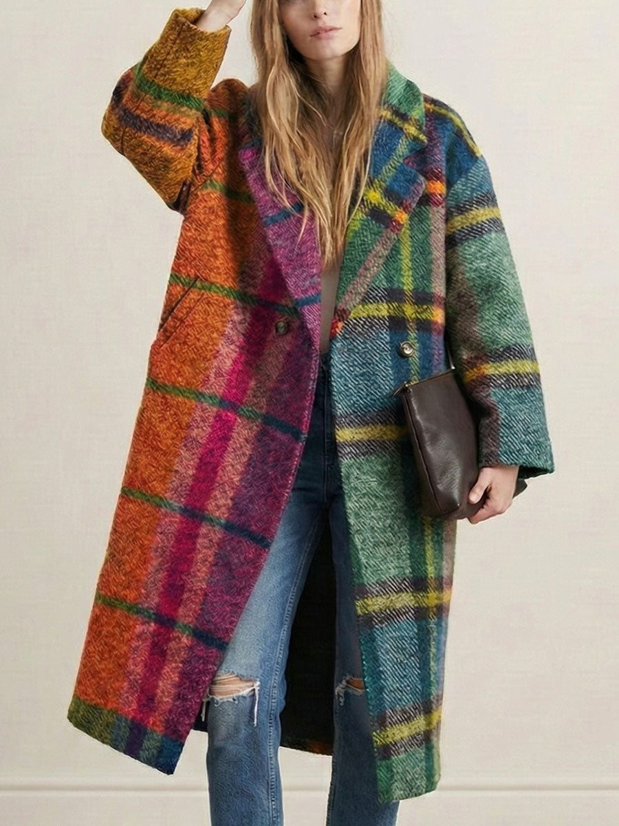 Women's multicolor plaid longline coat with notched lapel and button front