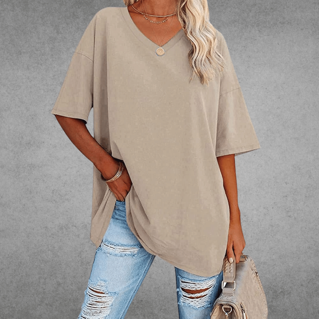 Women's oversized solid V-neck longline T-shirt with dropped shoulders and short sleeves