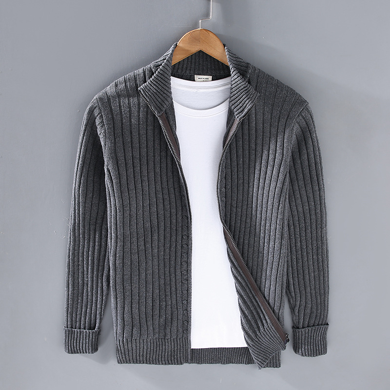 Men’s Ribbed Knit Full Zip Stand Collar Cardigan