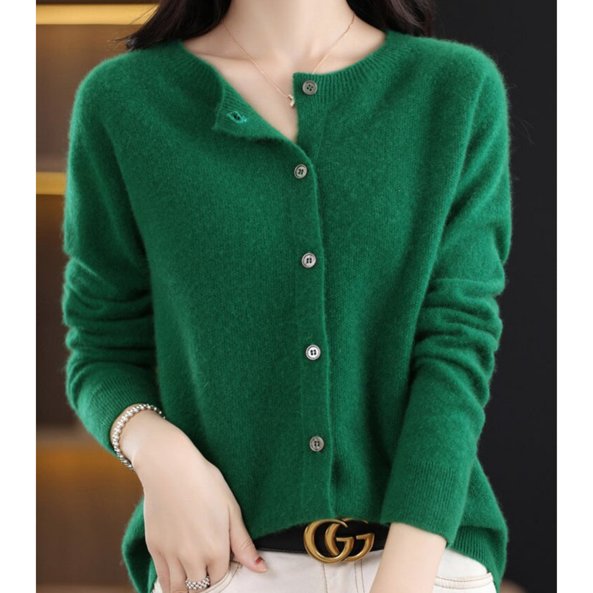 Women's long-sleeve round-neck button-front cardigan with ribbed trim