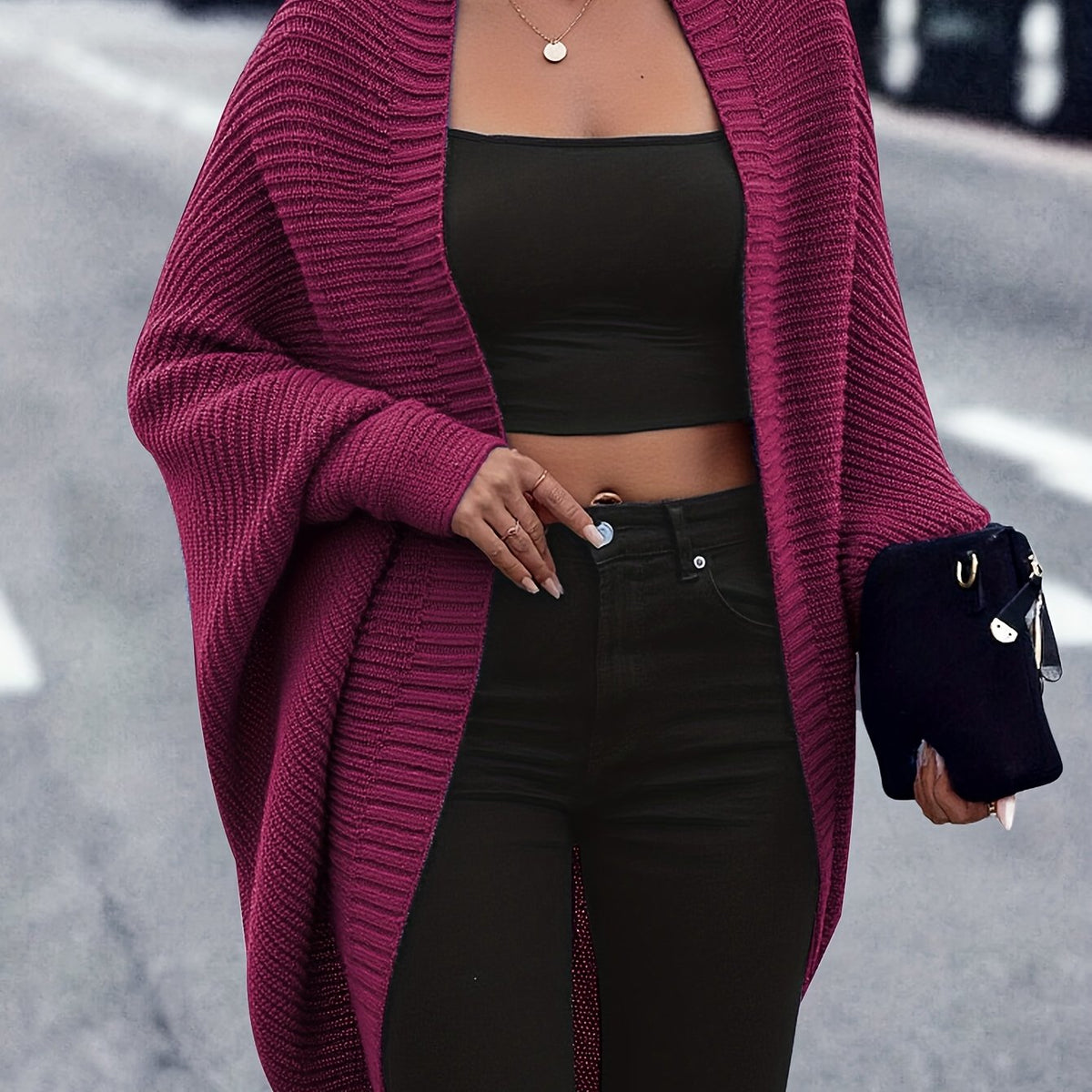Gilet cardigan ample pour femme à manches chauve-souris, ouvert sur le devant