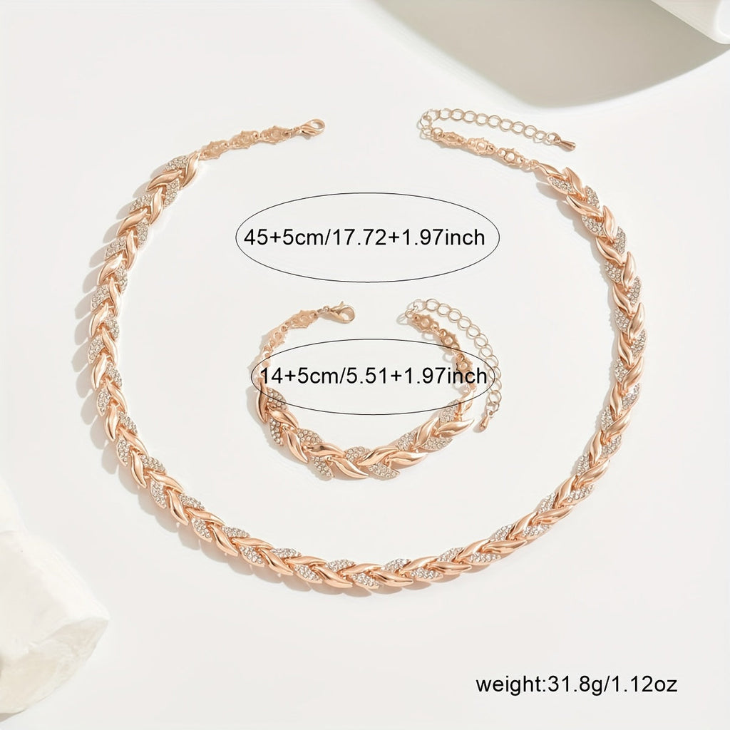 Rose Gold Leaf Link Crystal Necklace &amp; Bracelet Set