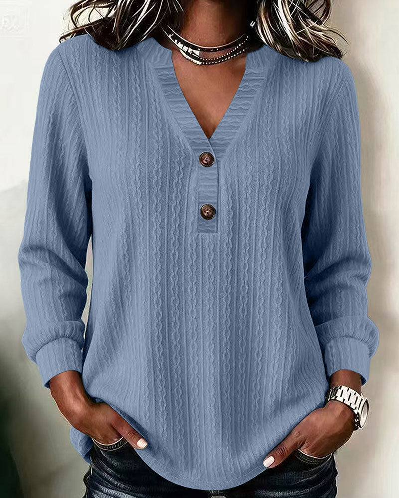 Women's Cable Textured V-Neck Button Long Sleeve Top