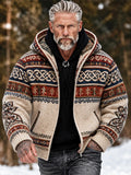 Men's beige geometric hooded zip-up sweater with long sleeves