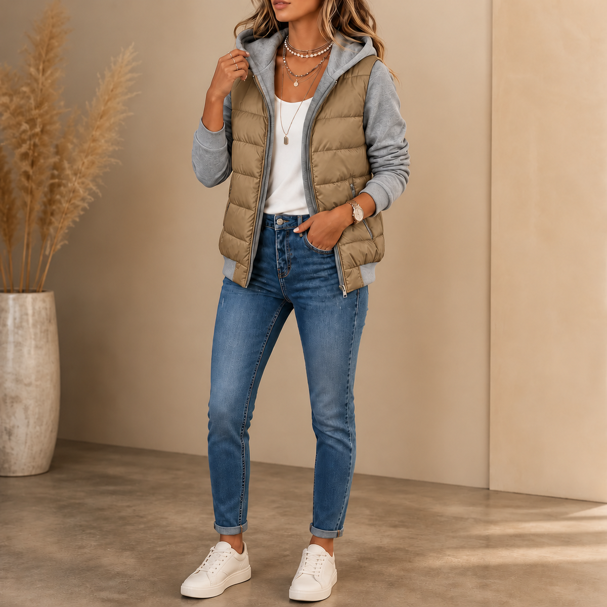 Women's hooded quilted puffer jacket with contrasting long sleeves and zip pockets