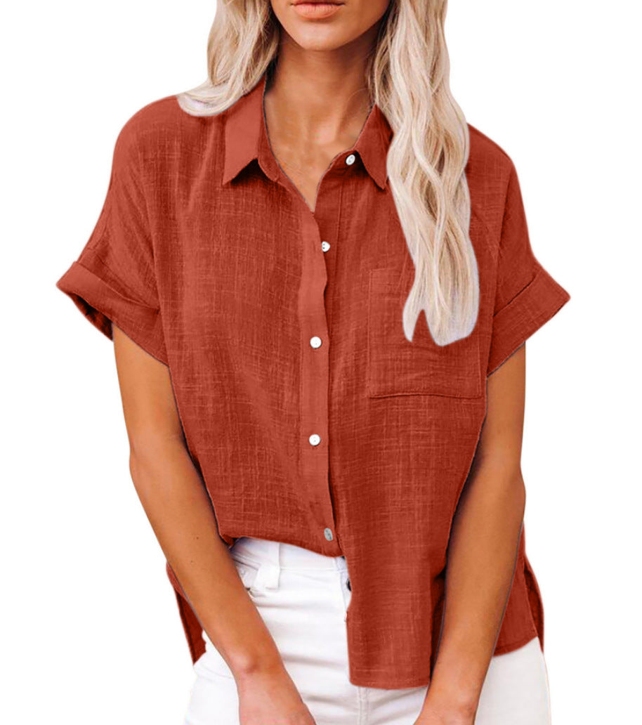 Linen Blend Collared Button-Up Shirt with Chest Pocket