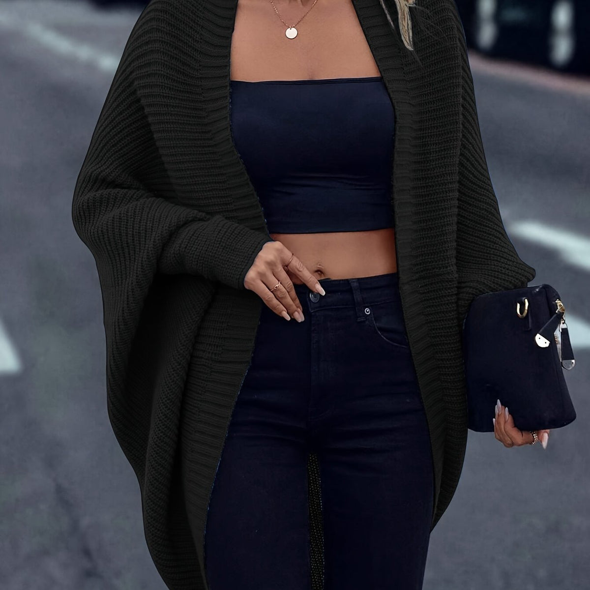 Gilet cardigan ample pour femme à manches chauve-souris, ouvert sur le devant