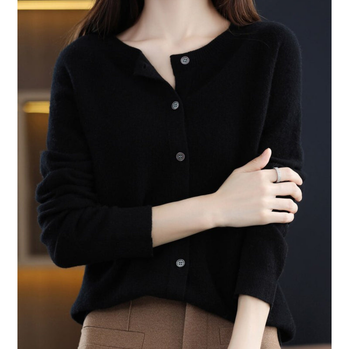 Women's long-sleeve round-neck button-front cardigan with ribbed trim