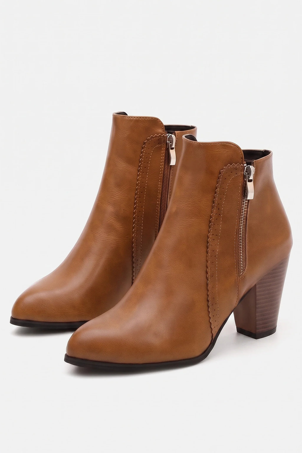 Women's ankle boots with side zippers, round toes and high block heels
