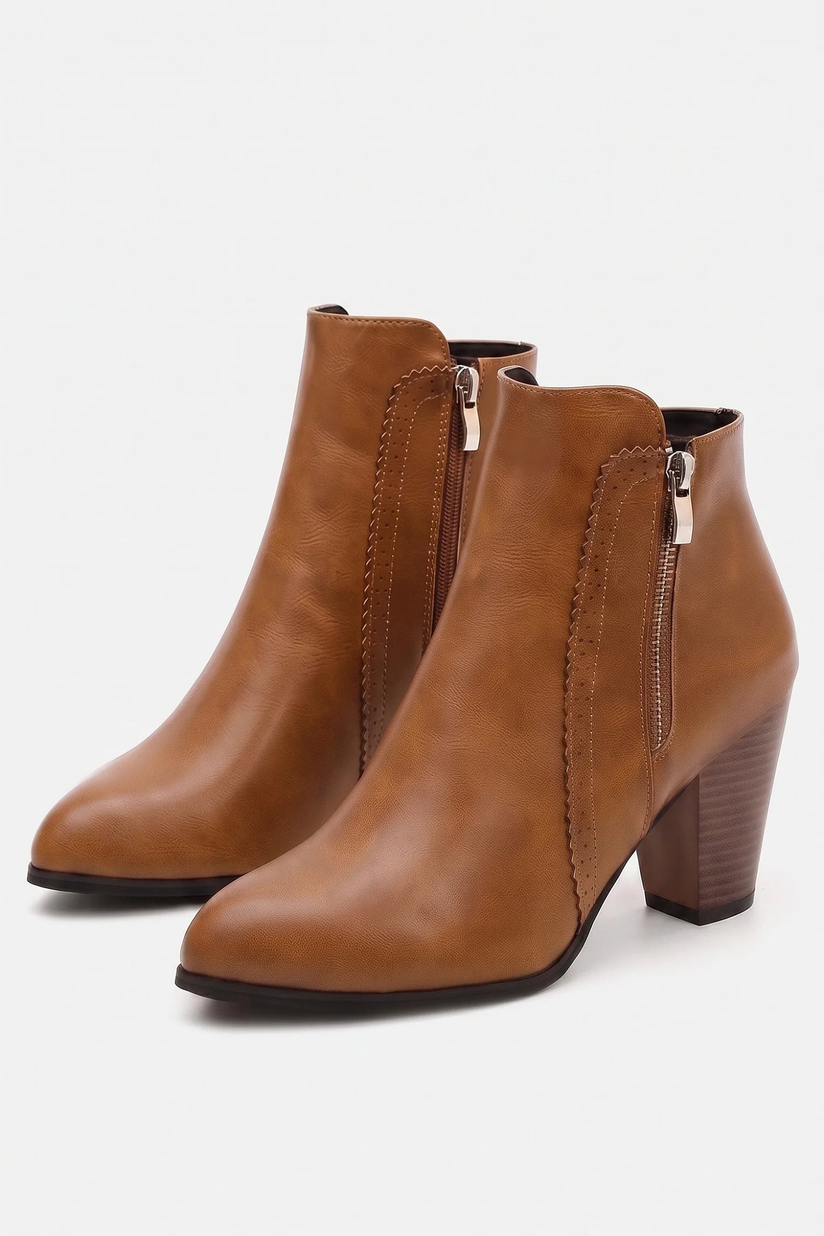 Women's ankle boots with side zippers, round toes and high block heels
