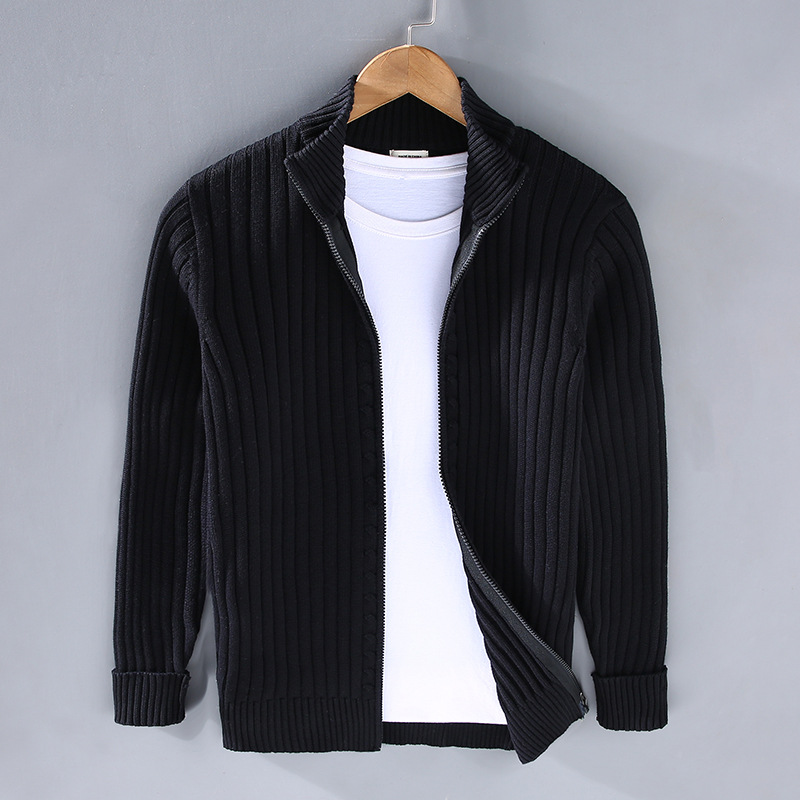 Men’s Ribbed Knit Full Zip Stand Collar Cardigan