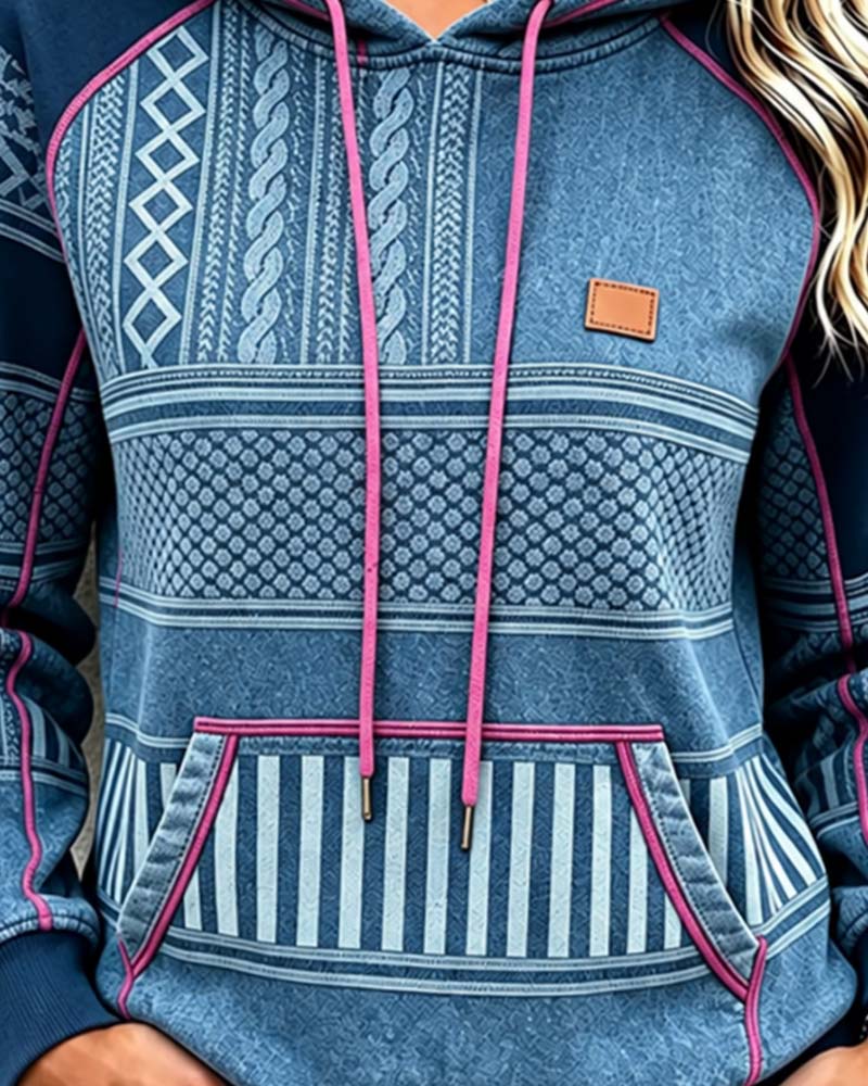 Women's Printed Contrast Drawstring Pullover Hoodie