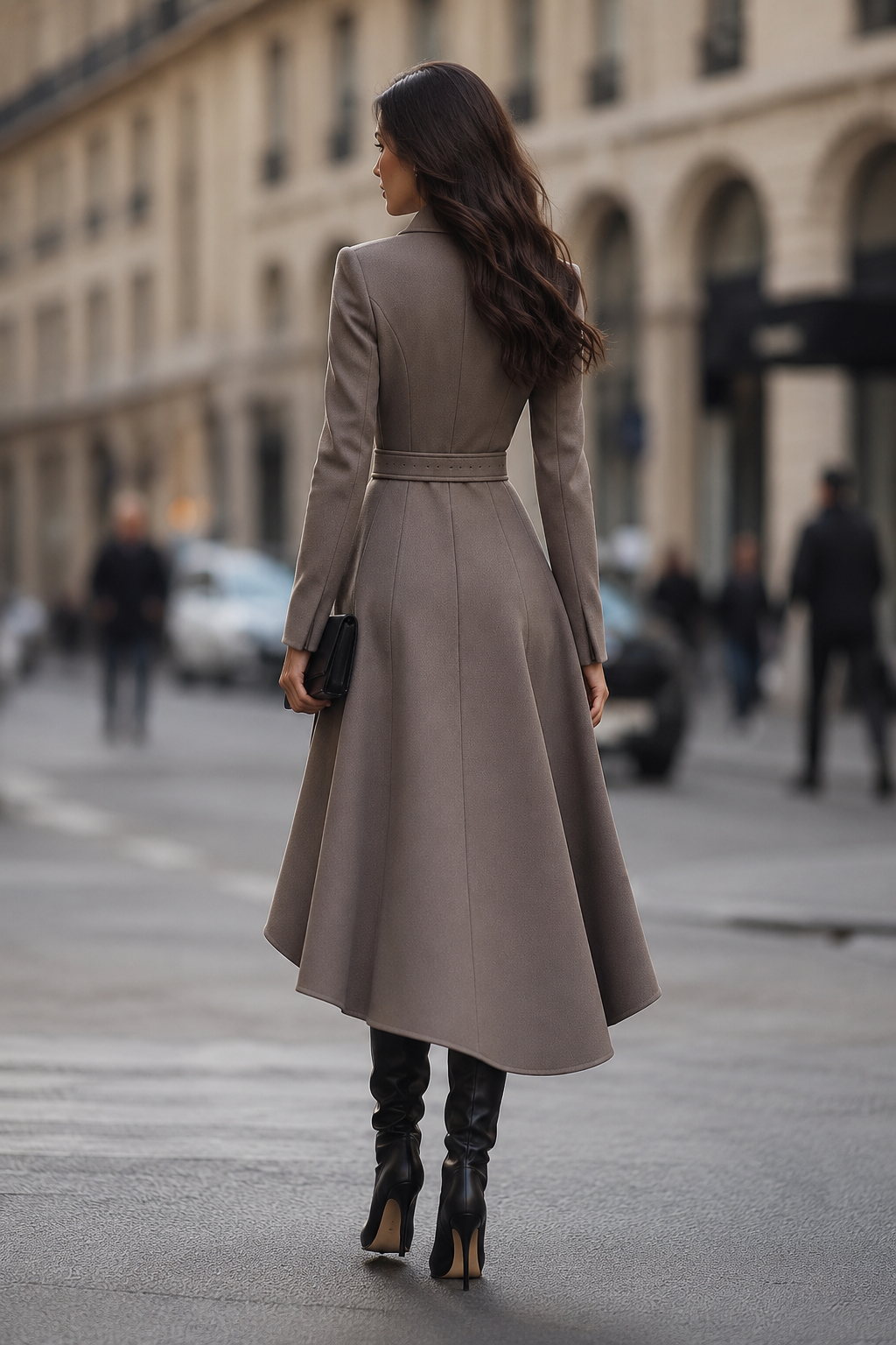 Women's Belted Double-Breasted High-Low Hem Coat