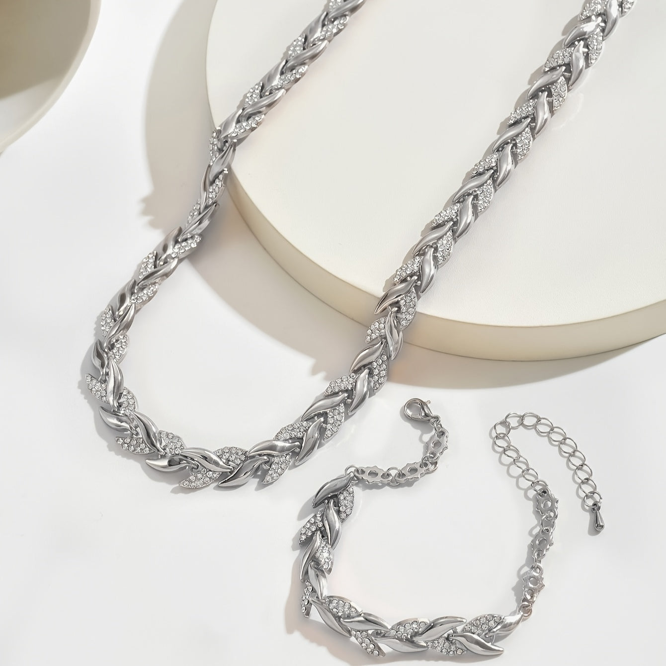 Rose Gold Leaf Link Crystal Necklace &amp; Bracelet Set