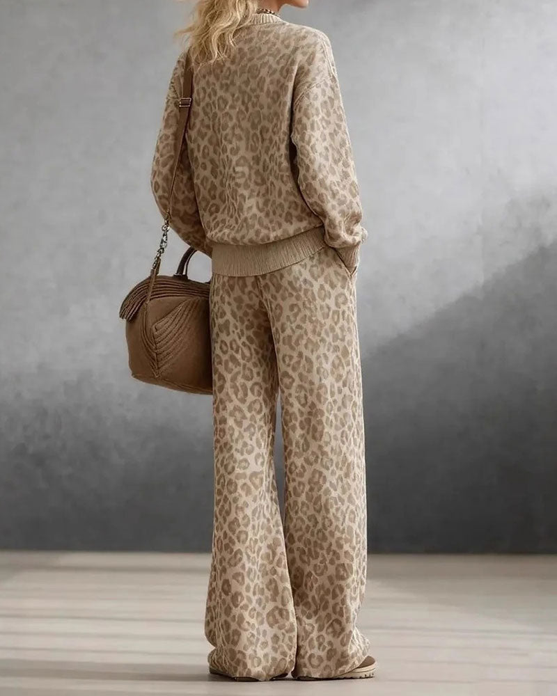 Women's Leopard Print Knit Sweater and Wide-Leg Trouser Set