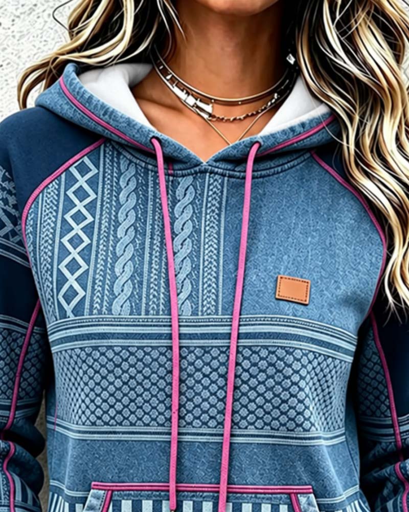 Women's Printed Contrast Drawstring Pullover Hoodie
