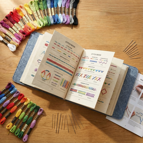 Open embroidery stitch sampler book kit with colourful threads and needles