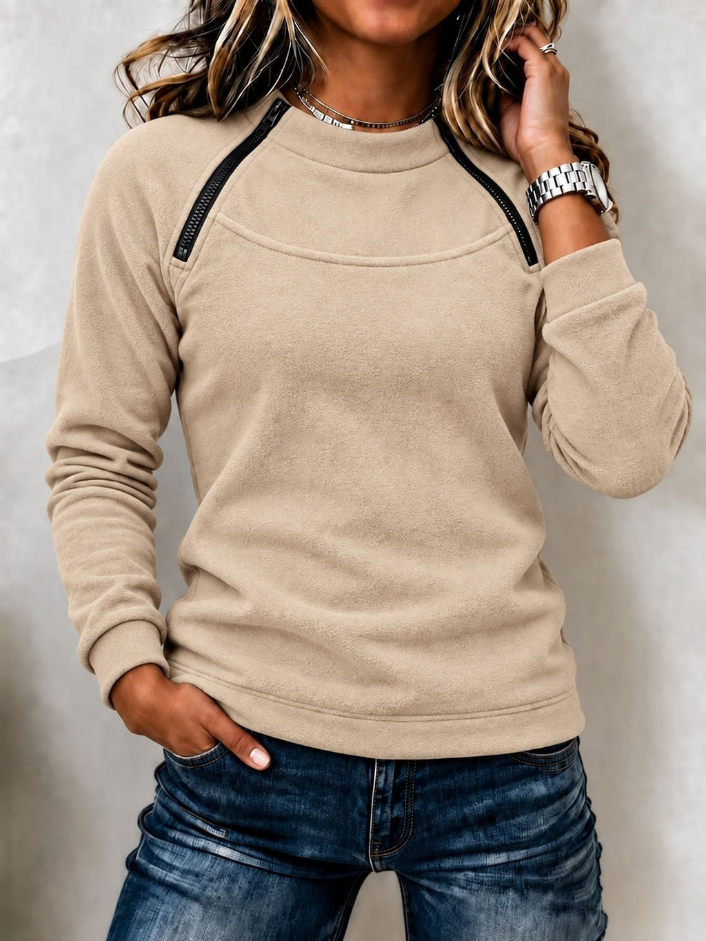 Women's Textured Double Zip Raglan Sweatshirt