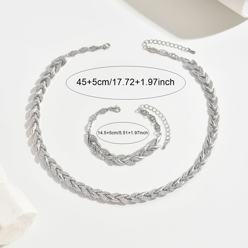 Rose Gold Leaf Link Crystal Necklace &amp; Bracelet Set