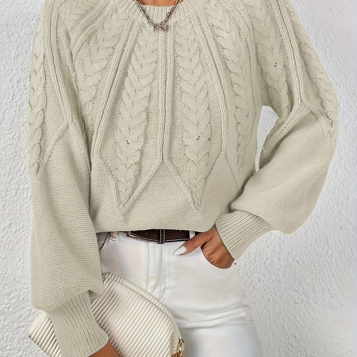 Women's Cable Knit Balloon Sleeve Cropped Jumper