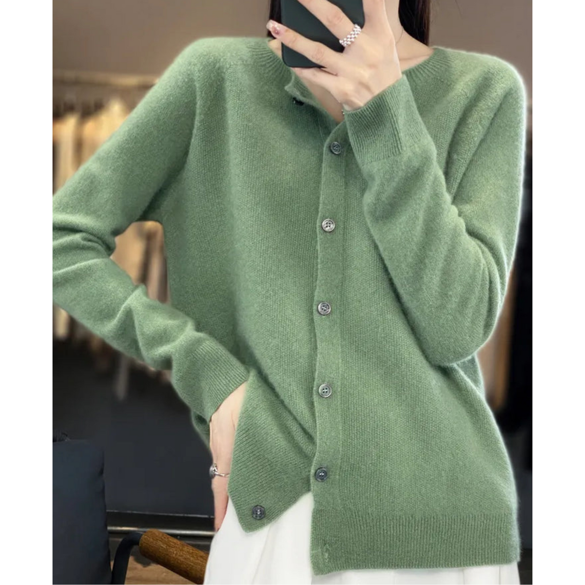 Women's long-sleeve round-neck button-front cardigan with ribbed trim