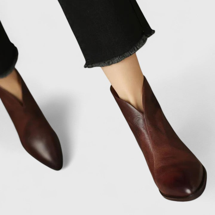 Women's pointed toe V-cut ankle boots with low block heels