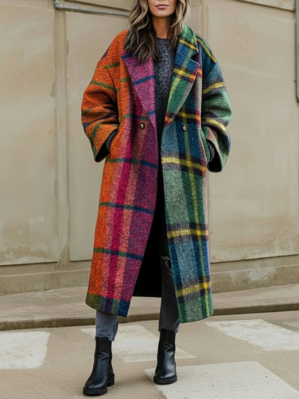 Women's multicolor plaid longline coat with notched lapel and button front
