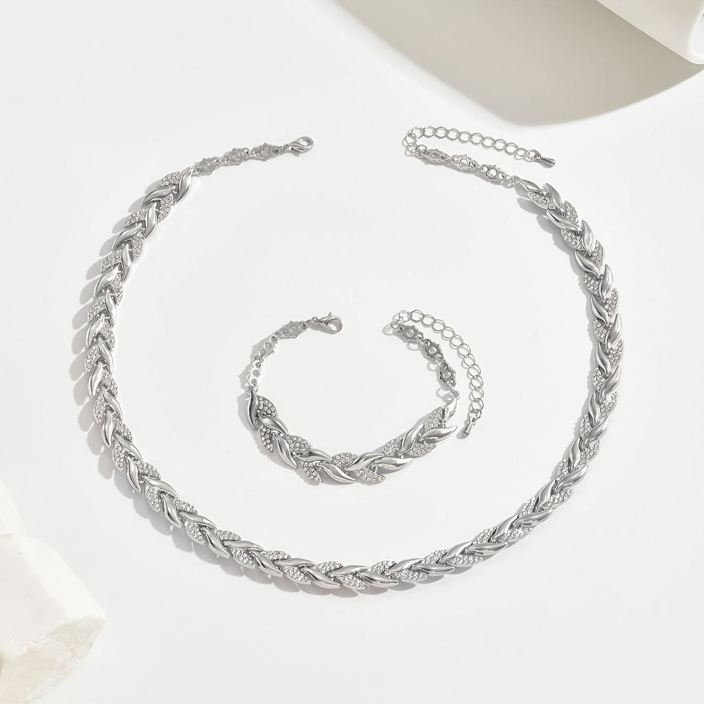 Rose Gold Leaf Link Crystal Necklace &amp; Bracelet Set