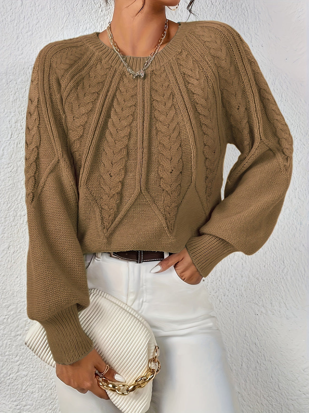 Women's Cable Knit Balloon Sleeve Cropped Jumper