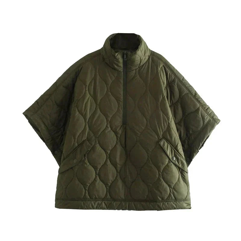 Poncho matelassé pour femme à manches chauve-souris et demi-zip