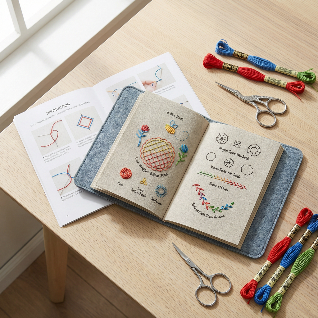 Open embroidery stitch sampler book kit with colourful threads and needles