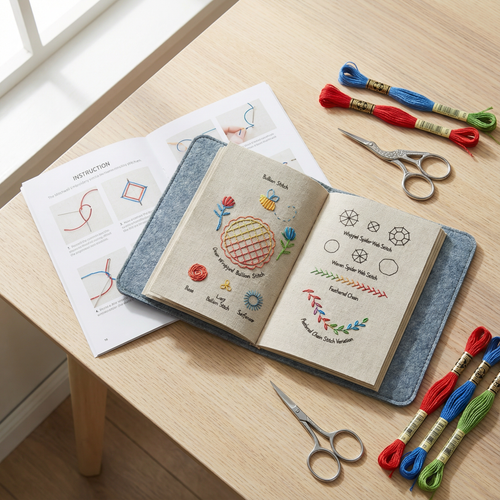 Open embroidery stitch sampler book kit with colourful threads and needles