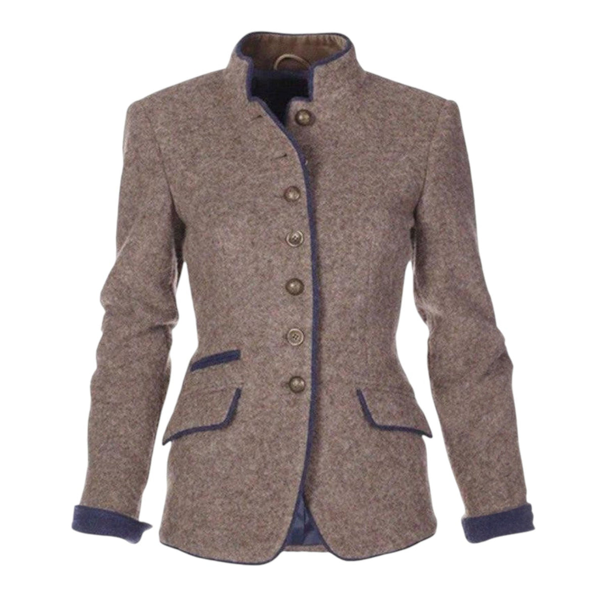 Women's textured stand collar tailored jacket with contrast trim and button front