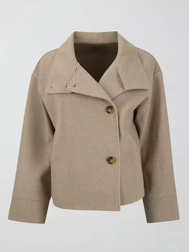 Women's oversized short coat with high neckline, long sleeves and button front