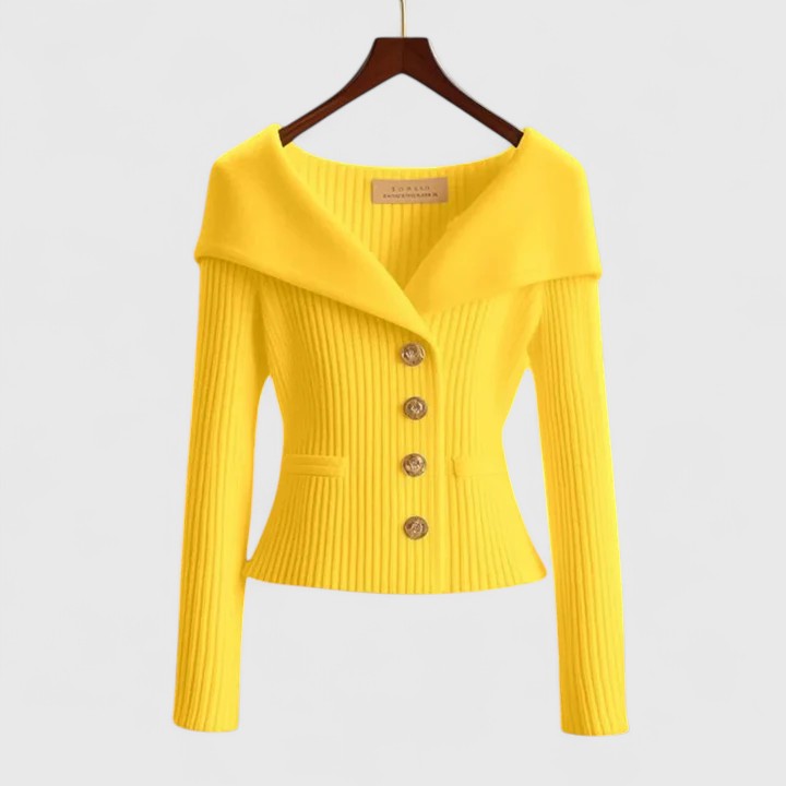 Women's ribbed knit cardigan with fold-over off-shoulder collar and button front