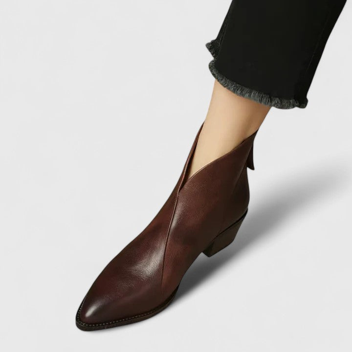 Women's pointed toe V-cut ankle boots with low block heels