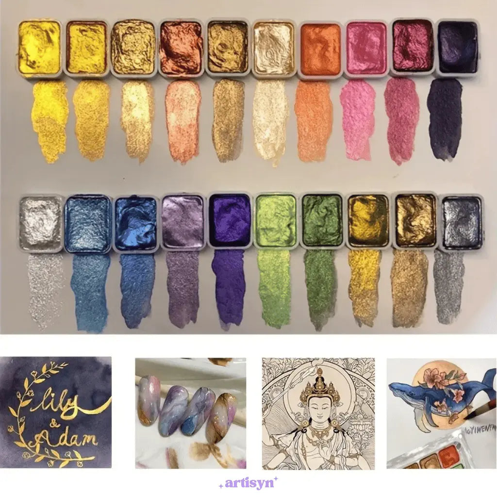 Rectangular 20-pan metallic watercolour palette with multicolour painted swatches
