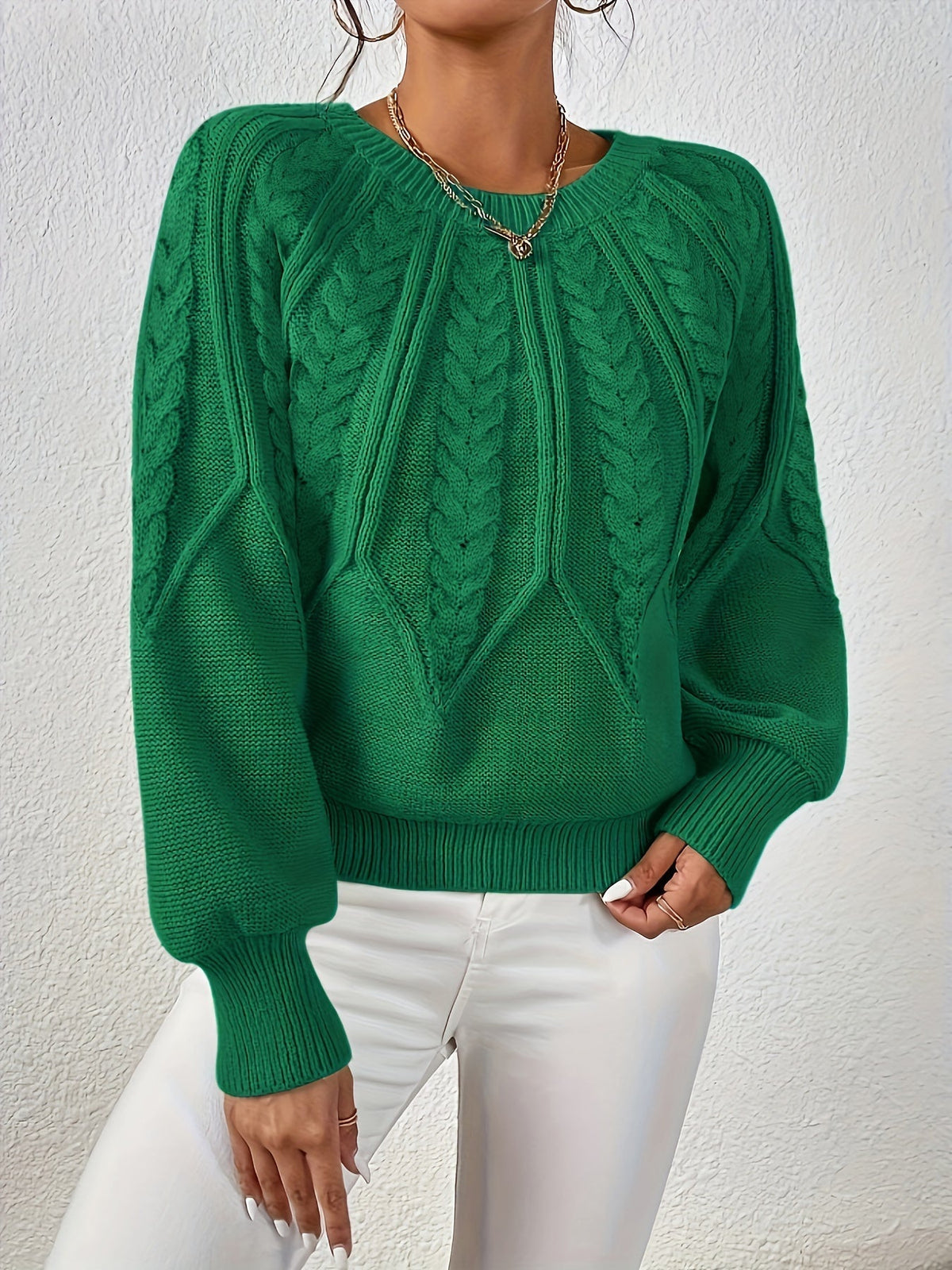 Women's Cable Knit Balloon Sleeve Cropped Jumper