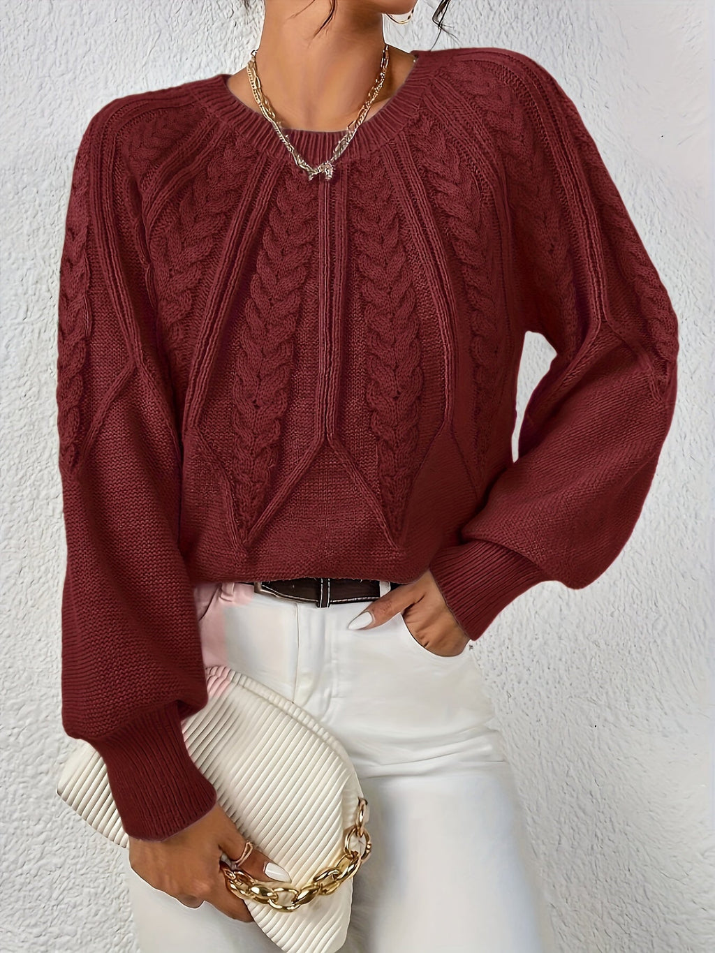 Women's Cable Knit Balloon Sleeve Cropped Jumper
