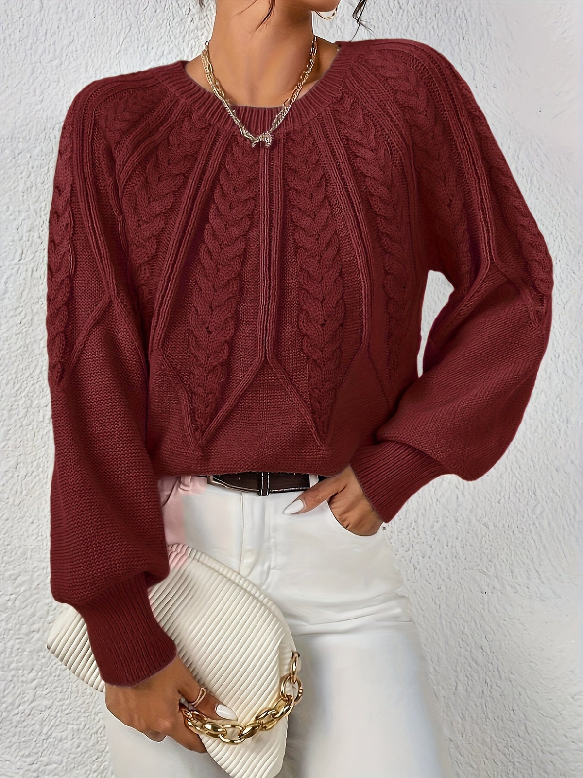 Women's Cable Knit Balloon Sleeve Cropped Jumper