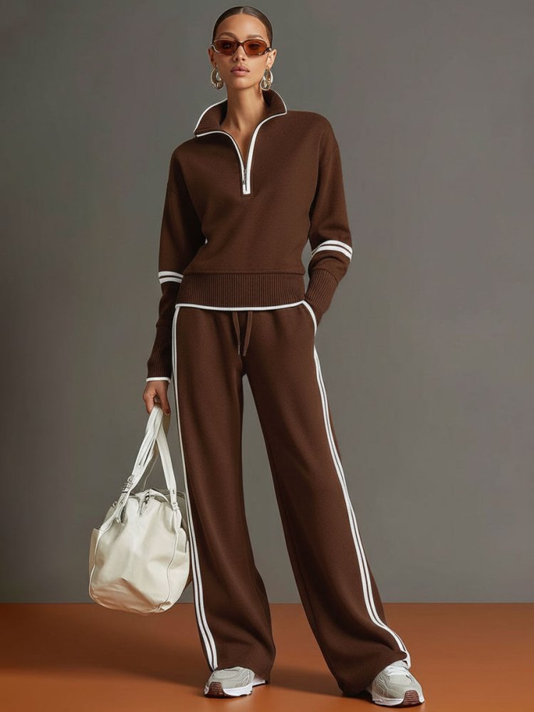 Women's Contrast Stripe Half-Zip Wide-Leg Lounge Set