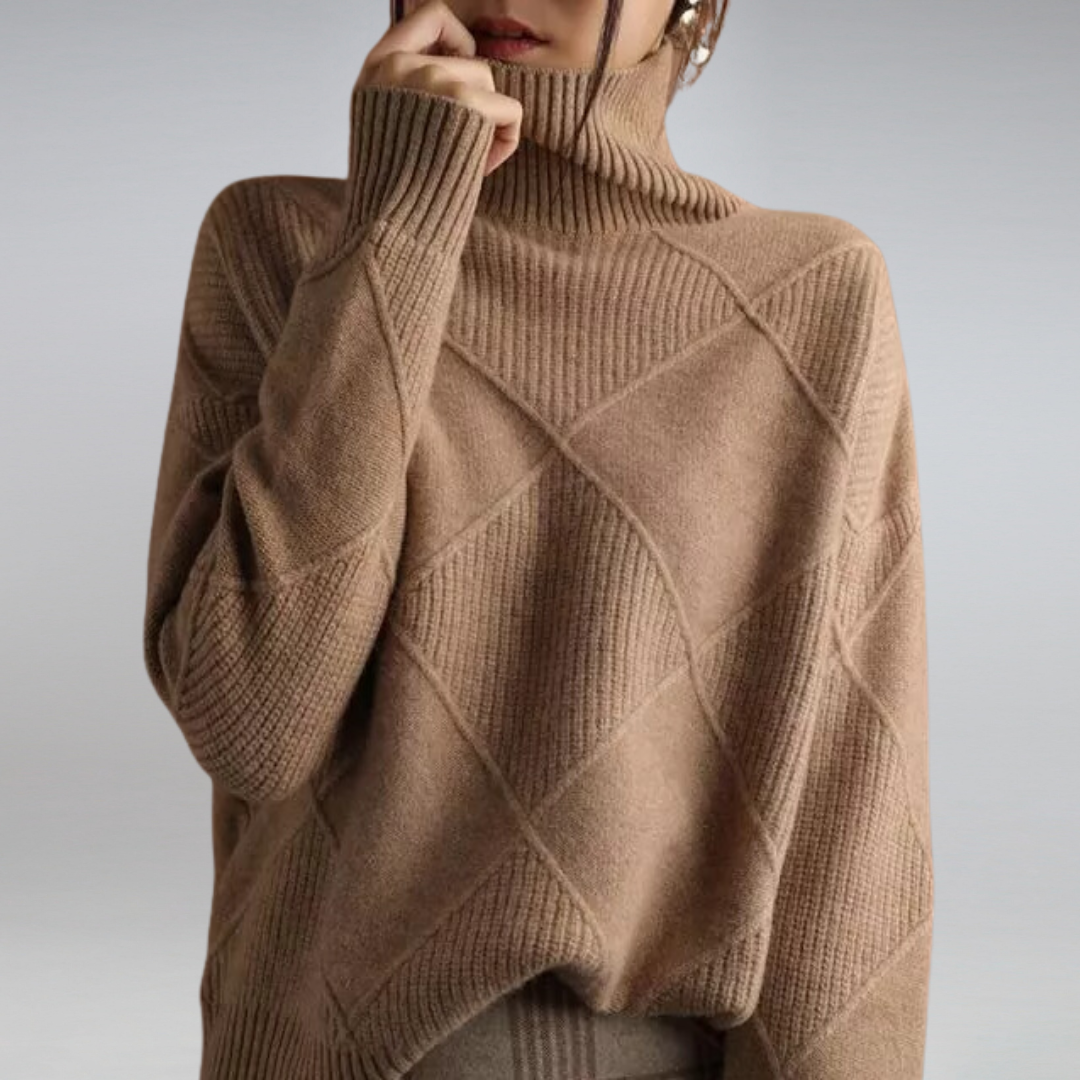 Women's geometric diamond turtleneck sweater with long sleeves and ribbed trims