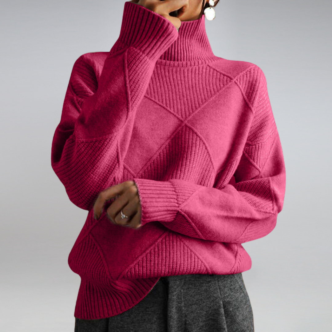 Women's geometric diamond turtleneck sweater with long sleeves and ribbed trims