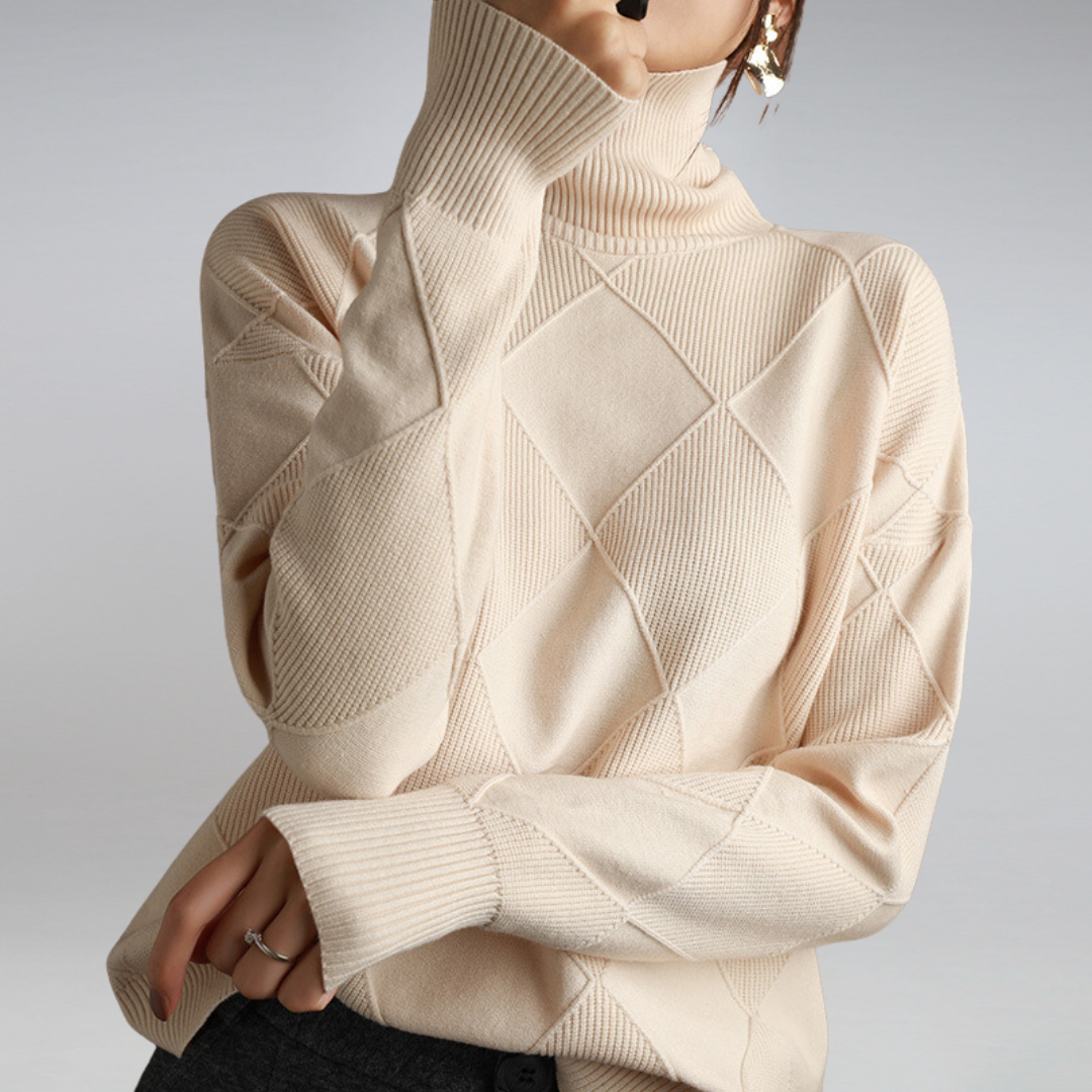 Women's geometric diamond turtleneck sweater with long sleeves and ribbed trims