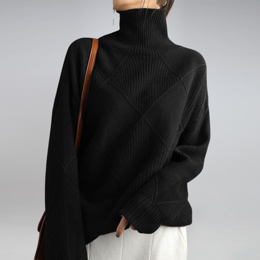 Women's geometric diamond turtleneck sweater with long sleeves and ribbed trims