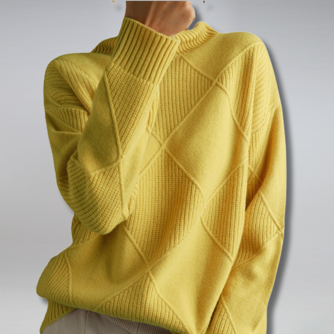 Women's geometric diamond turtleneck sweater with long sleeves and ribbed trims